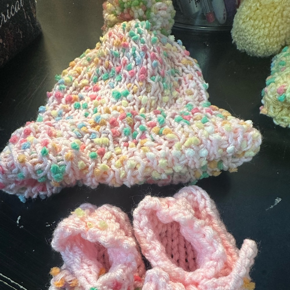 Colorful Handmade Knitted Baby Pom Pom Hat and Booties Set